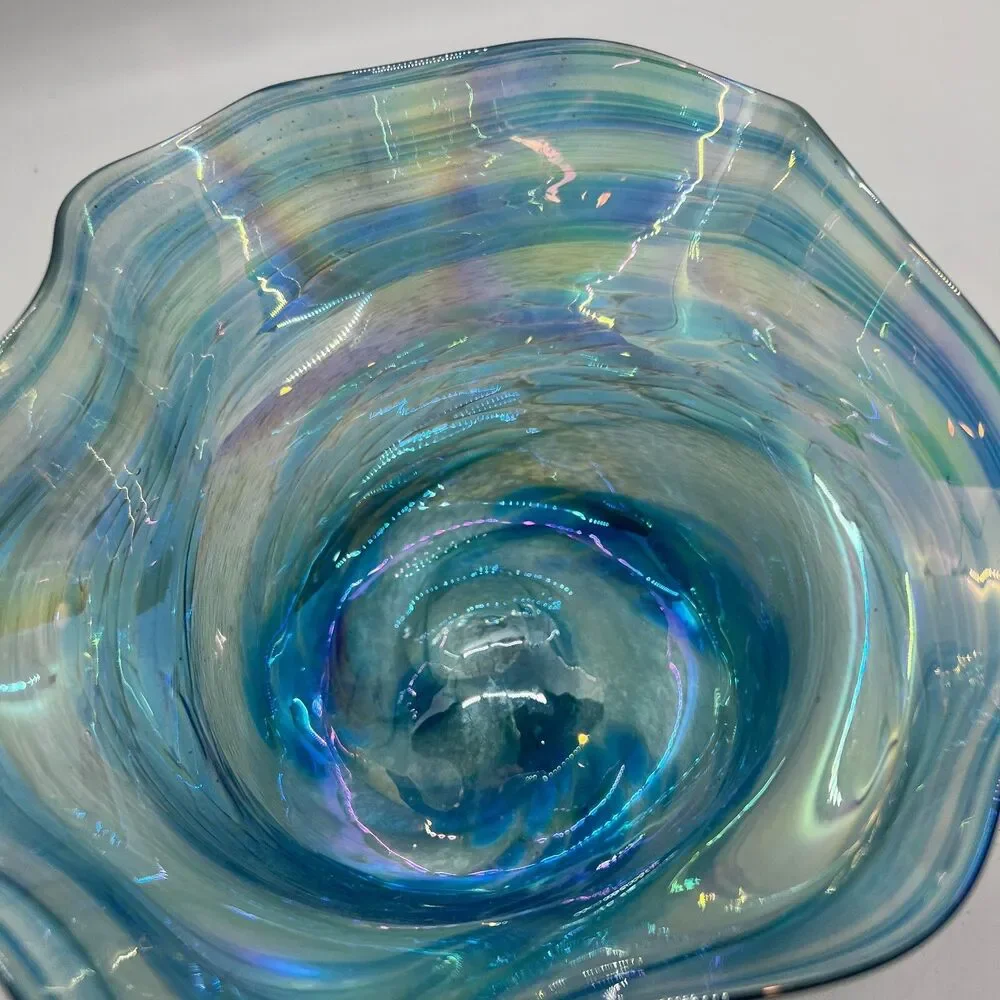 Signed art glass Blue Bowl swirls 2003 glass